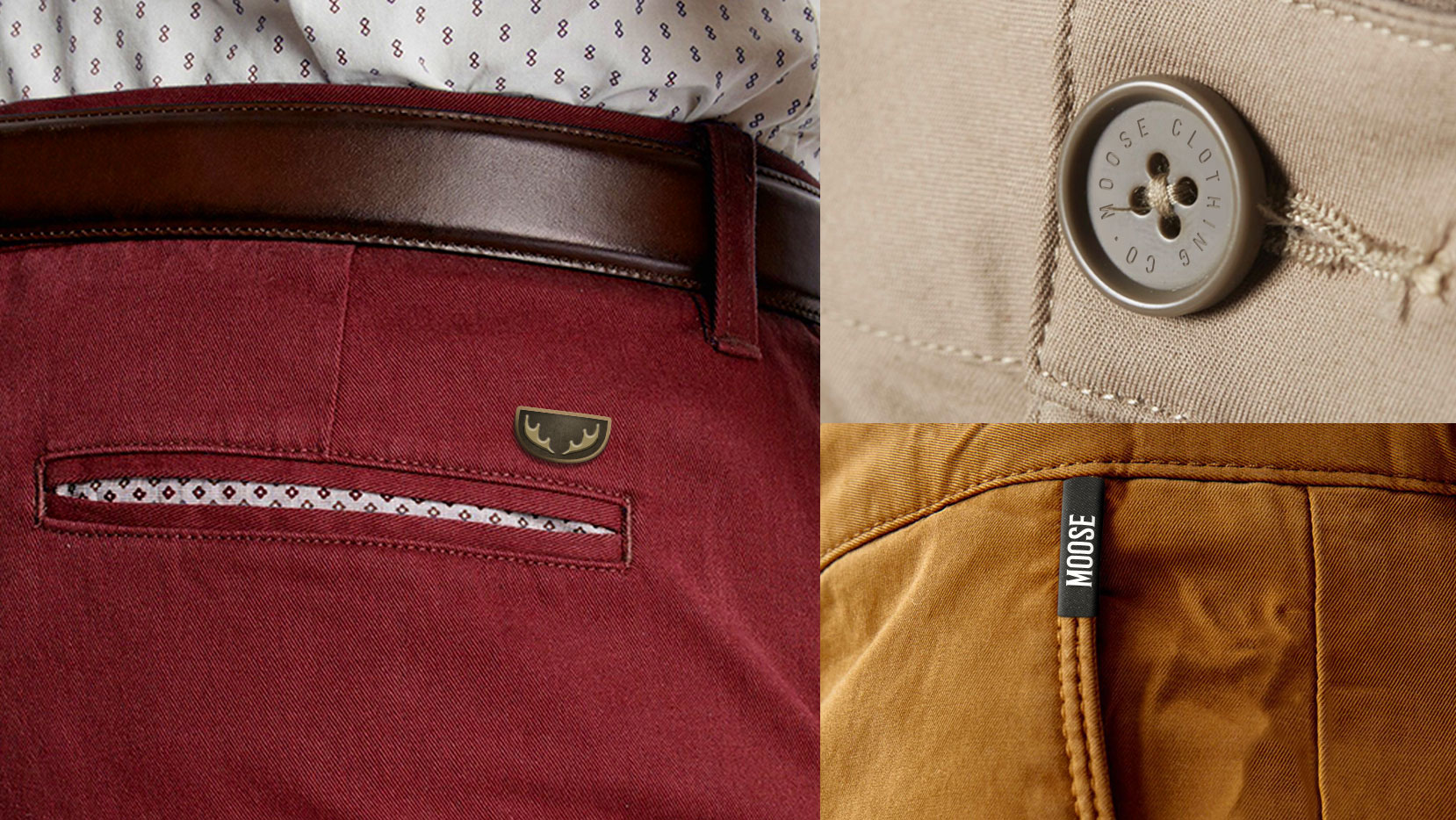 Logo pin, button detail and name tag on chinos